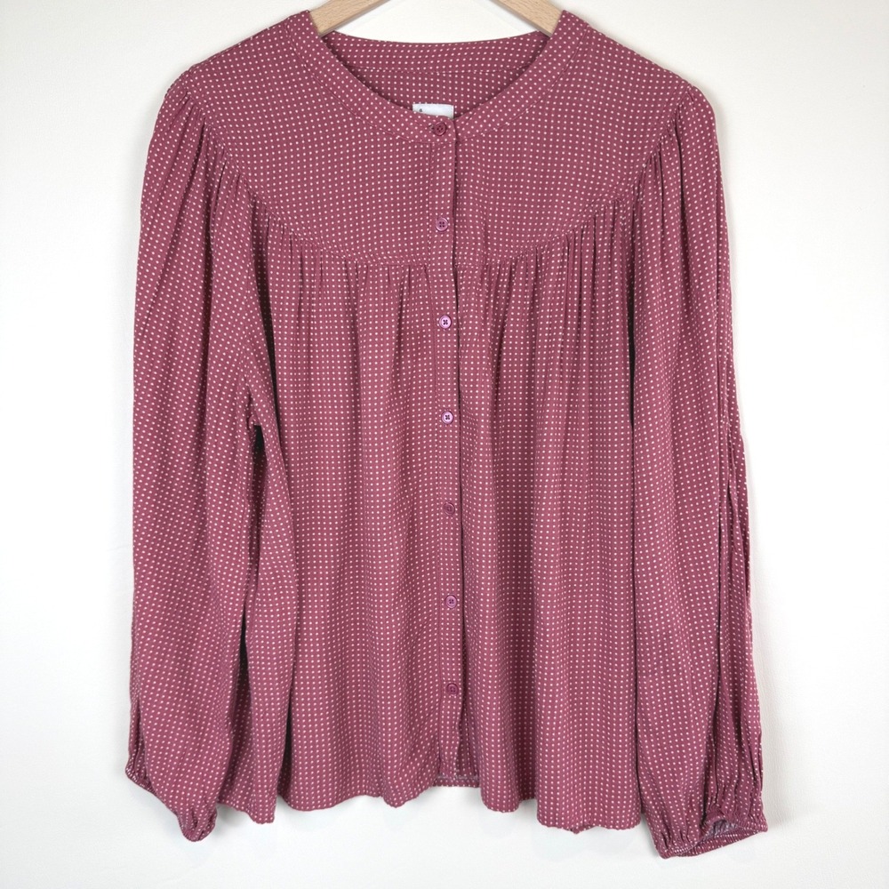 A New Day Burgundy Polka Dot Balloon Sleeve Blouse XL Cottagecore Boho Pleated
